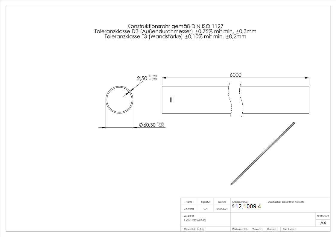 Rundrohr Ø 60-3x2-6 mm á 6 m V2A Edelstahl-12-1009.4