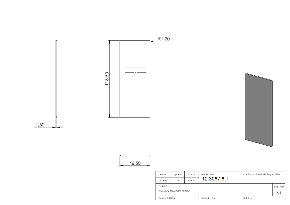 Endkappe - fuer Ganzglasgelaender - Masse- 118-5x46-5x1-5 mm - Aluminium-12-3067.6
