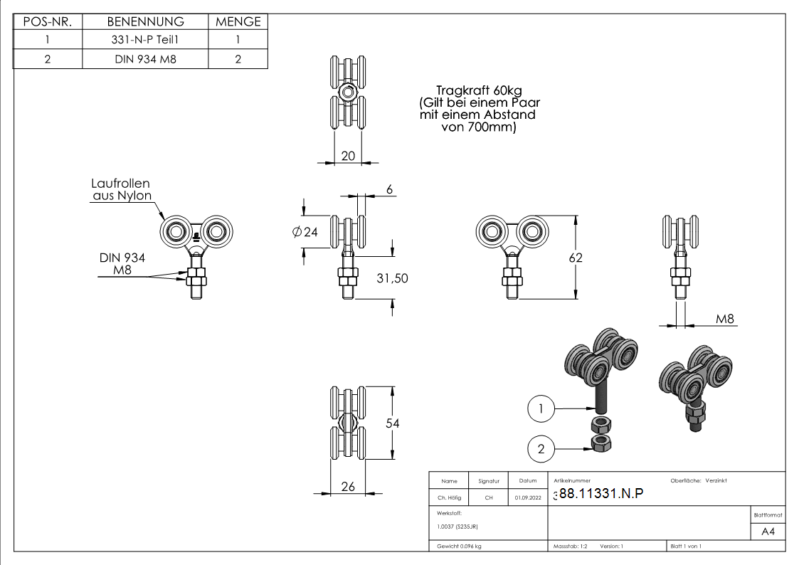 Doppellaufrolle mit Nylonrollen-88-11331-N.P