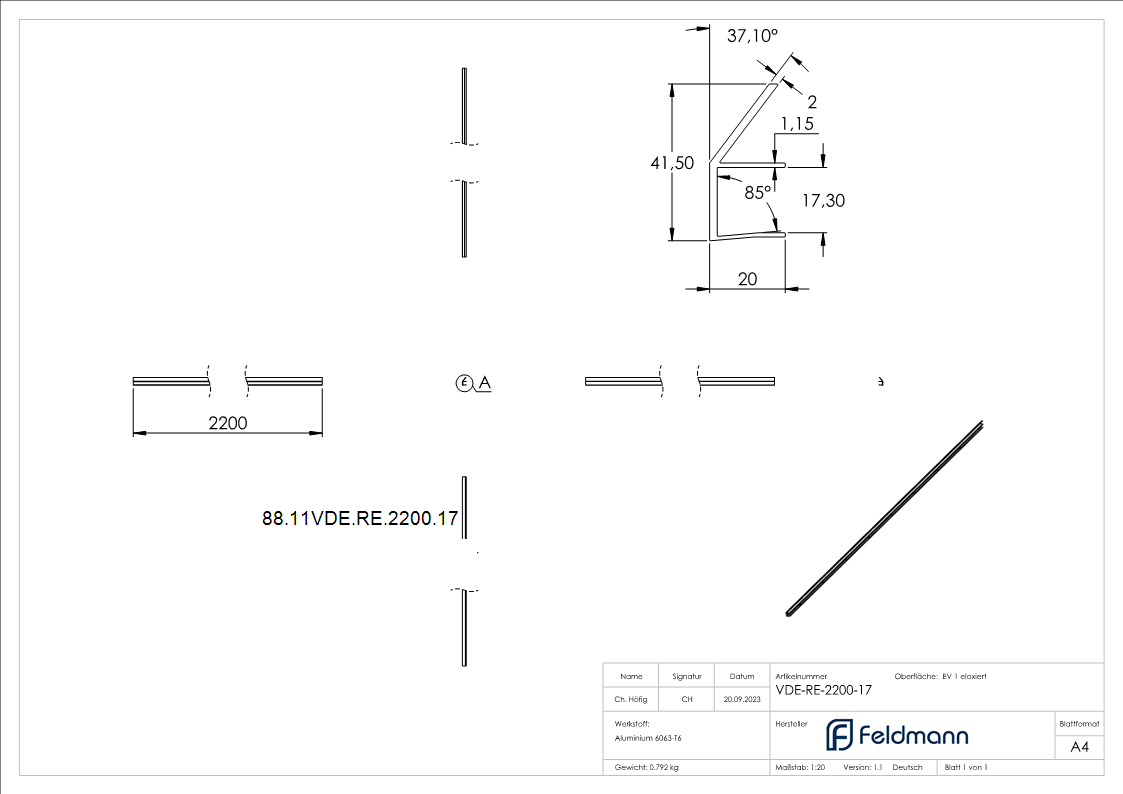 Regenrinne Aluminium eloxiert fuer Glas 17-52 mm L = 2200 mm Edelstahloptik E4-EV1-88-11VDE-RE-2200.17