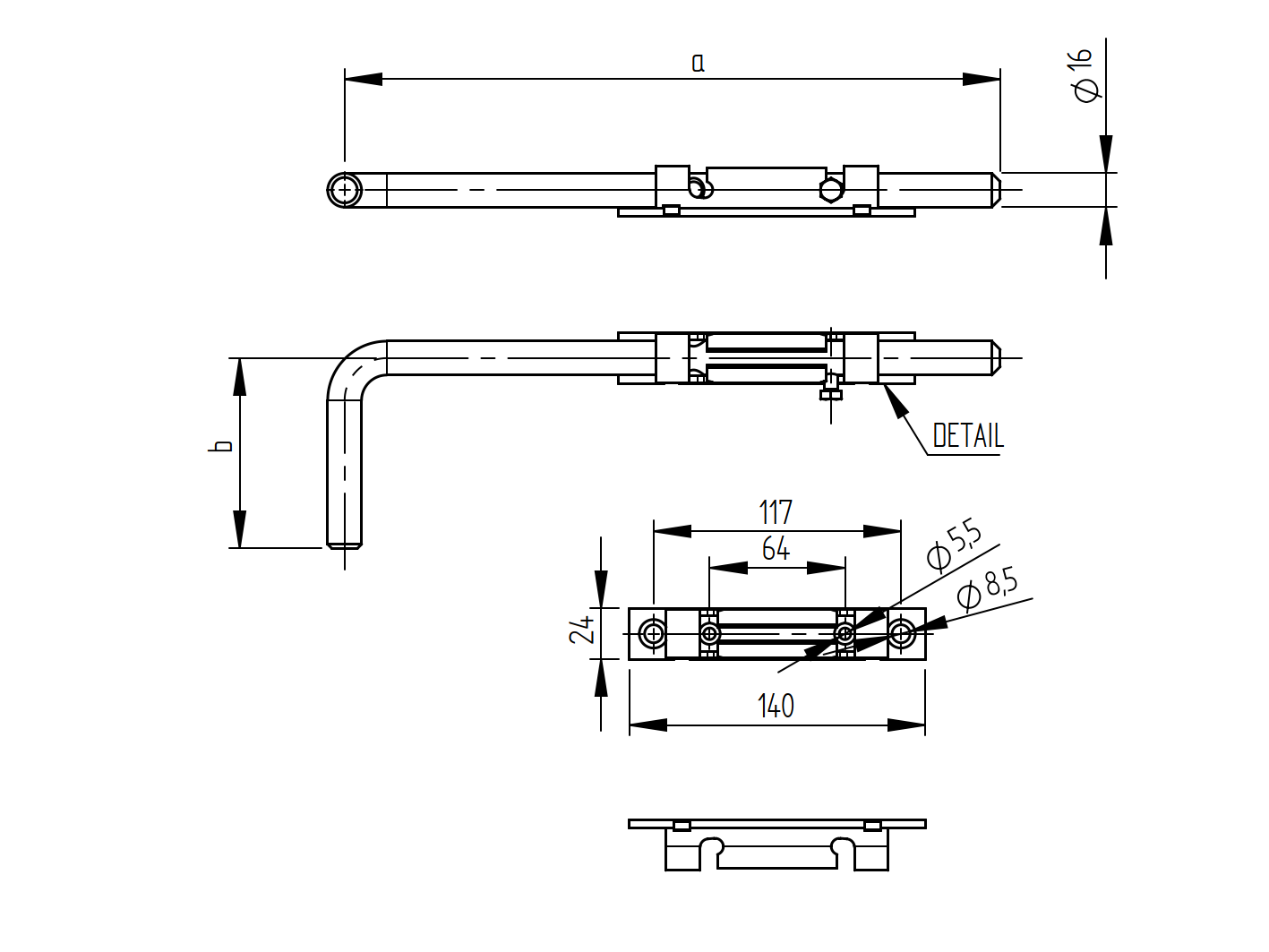 Stangenriegel Edelstahl AISI 304 500 mm lang- Griff 90 mm- Rohzustand-89-11D812L500-A.4