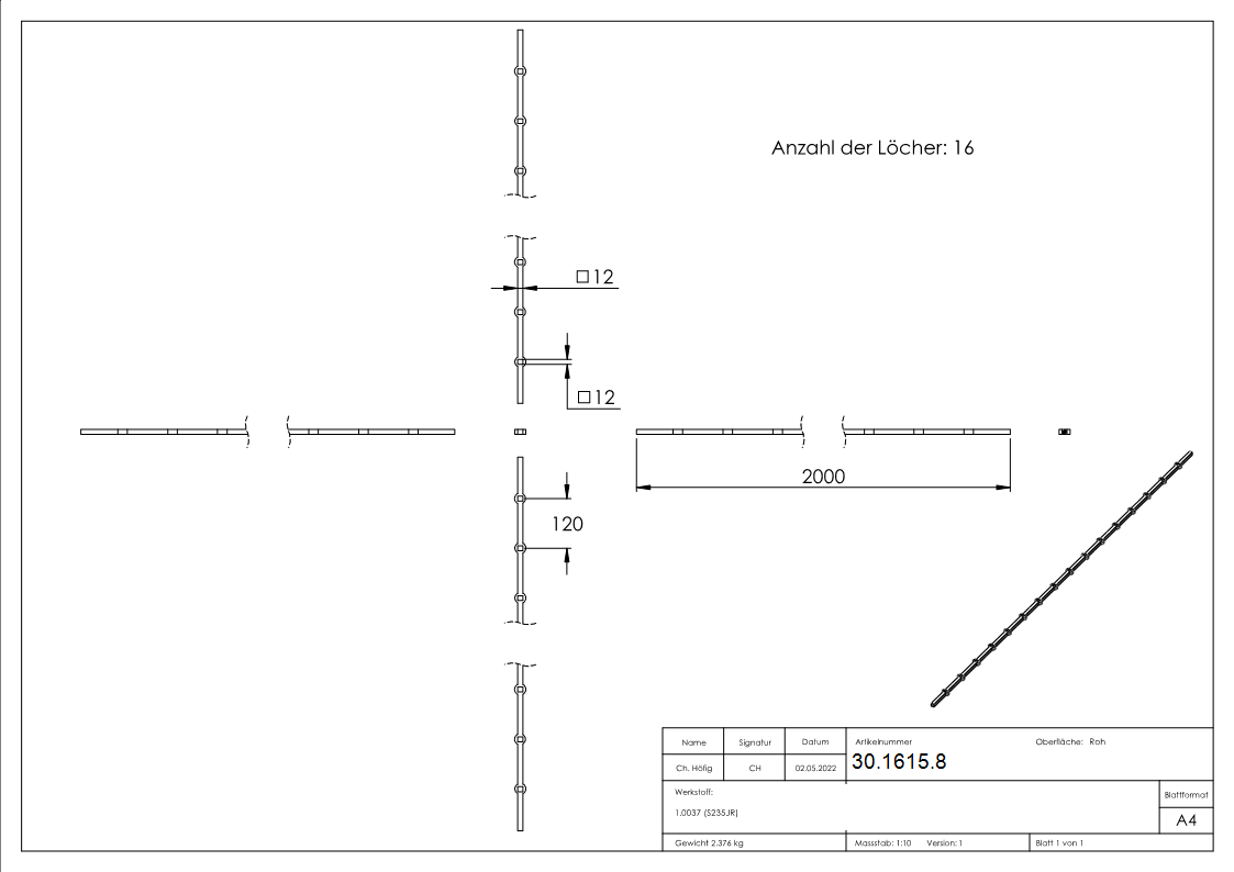 Lochleiste fuer Quadratrohr Material- 12x12 mm Laenge- 2000 mm Stahl S235JR- roh-30-1615.8