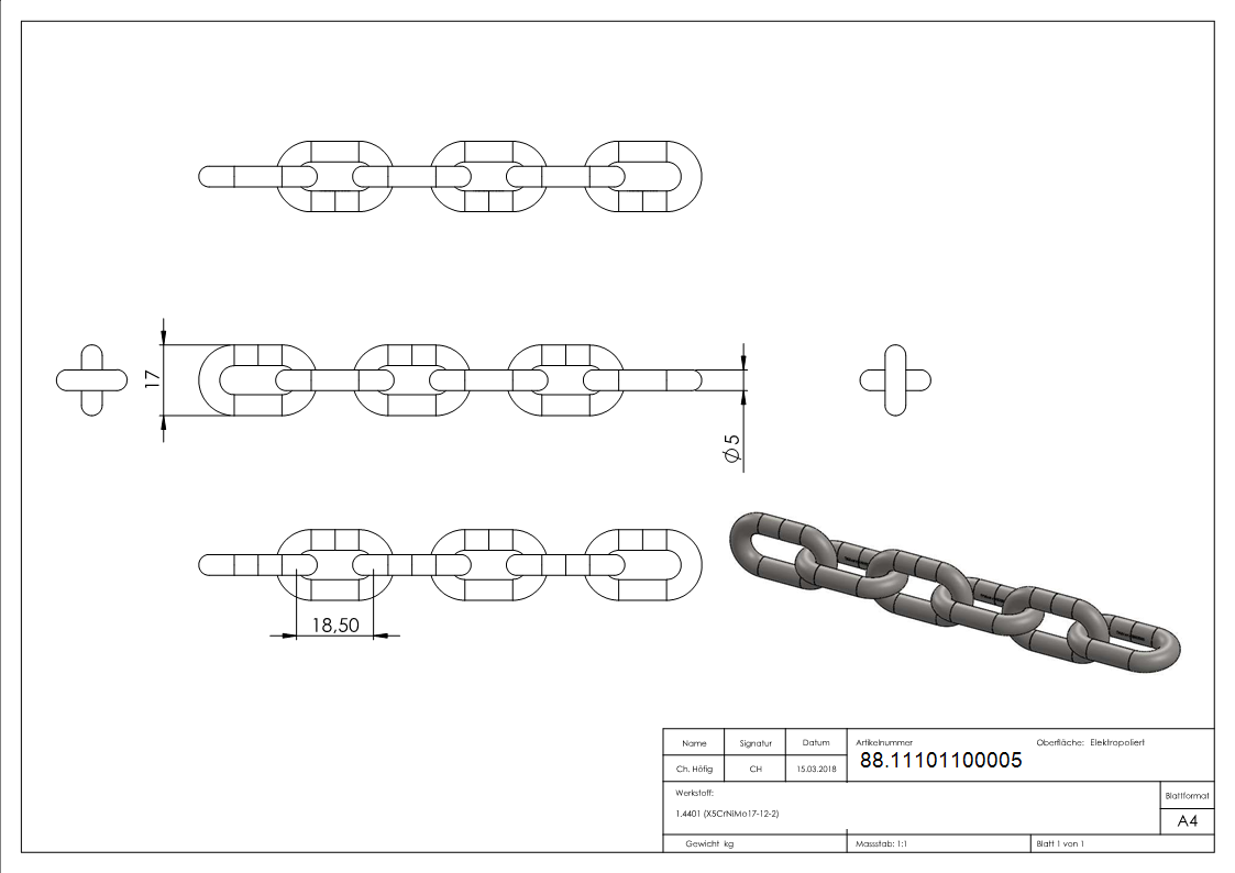 Edelstahlkette kurzgliedrig V4A Ø 5 mm DIN 766-88.11101100005