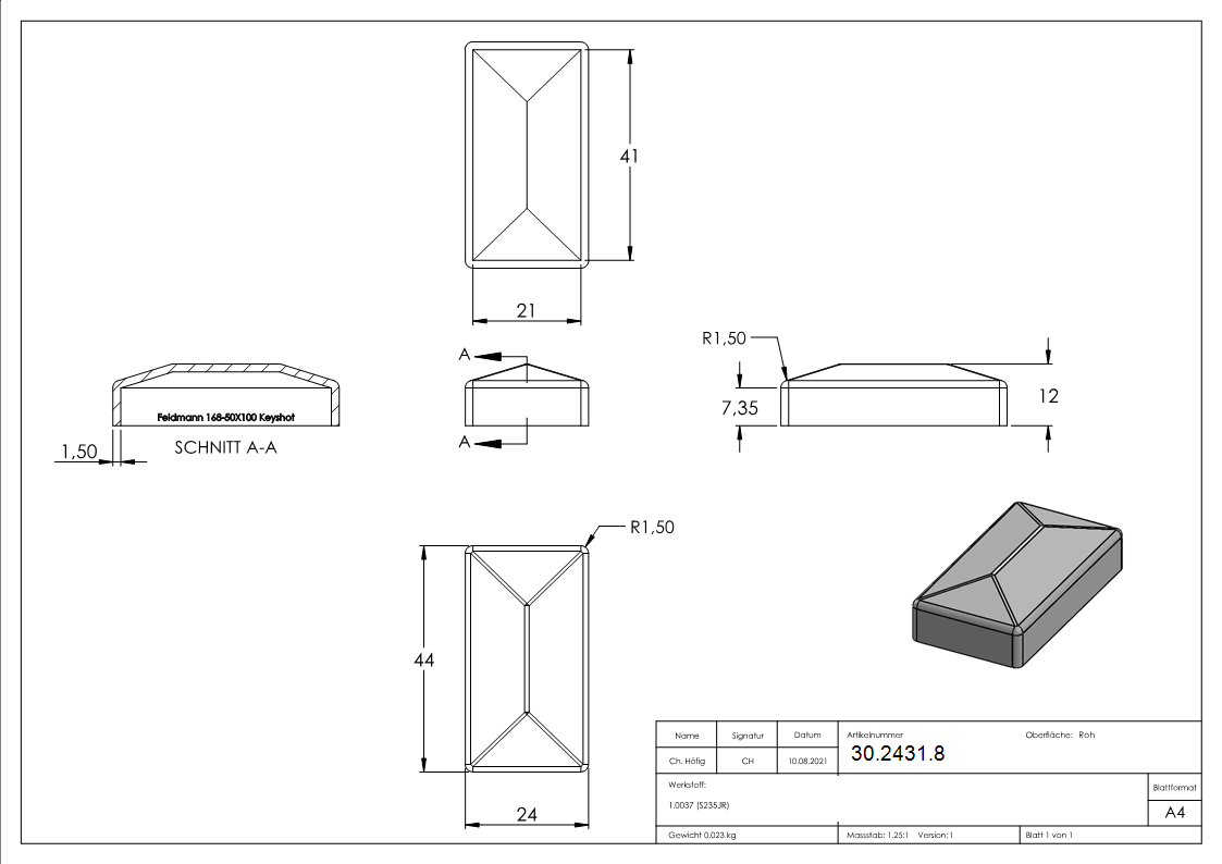 Pfeilerbedecker - fuer Rechteckrohr - Masse- 40x20 mm - Stahl S235JR- roh-30-2431.8