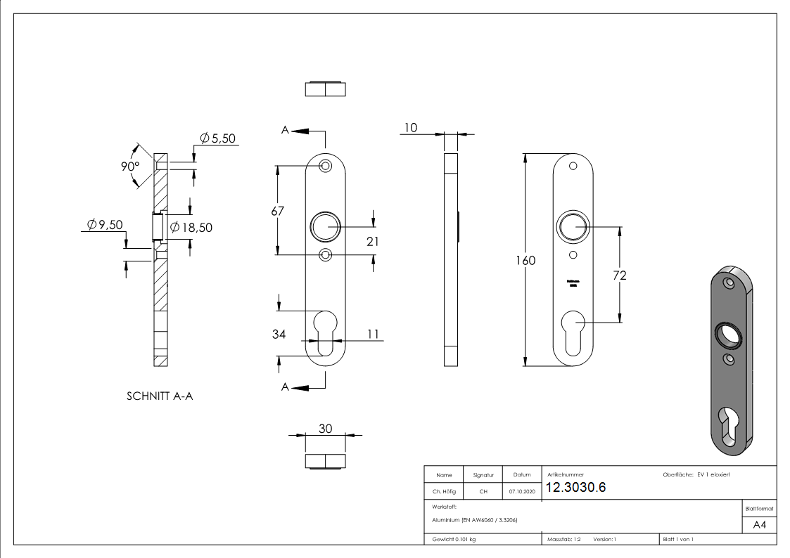 Alu-Kurzschild - Masse- 30x160x10 mm - Aluminium EV1-12-3030.6