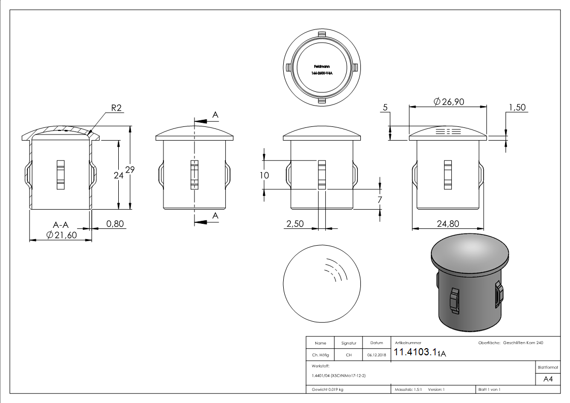 Rohrabschlussstopfen V4A Edelstahl fuer Rohr Ø 26-9 mm- Wandstaerke 1-6-2-5 mm- gewoelbt-11-4103.1