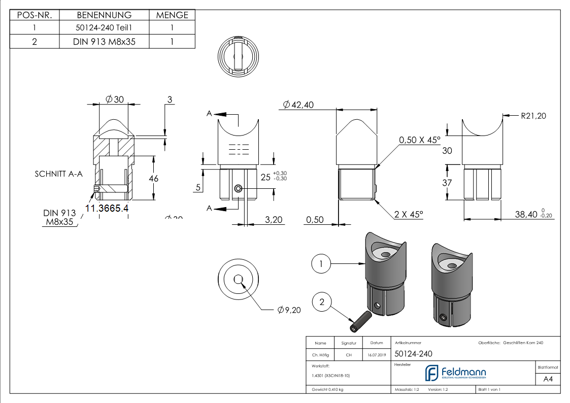 Anschlussstueck 90° fuer Rundrohr Ø 42-4x2-0 mm V2A-11-3665.4