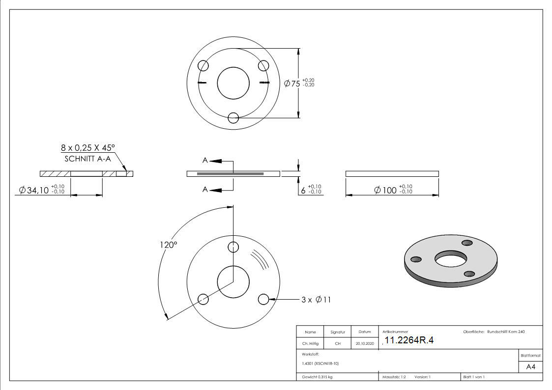 Ankerplatte Ø 100 x 6 mm mit Zentrierbohrung- Ø 34 mm V2A-11-2264R.4