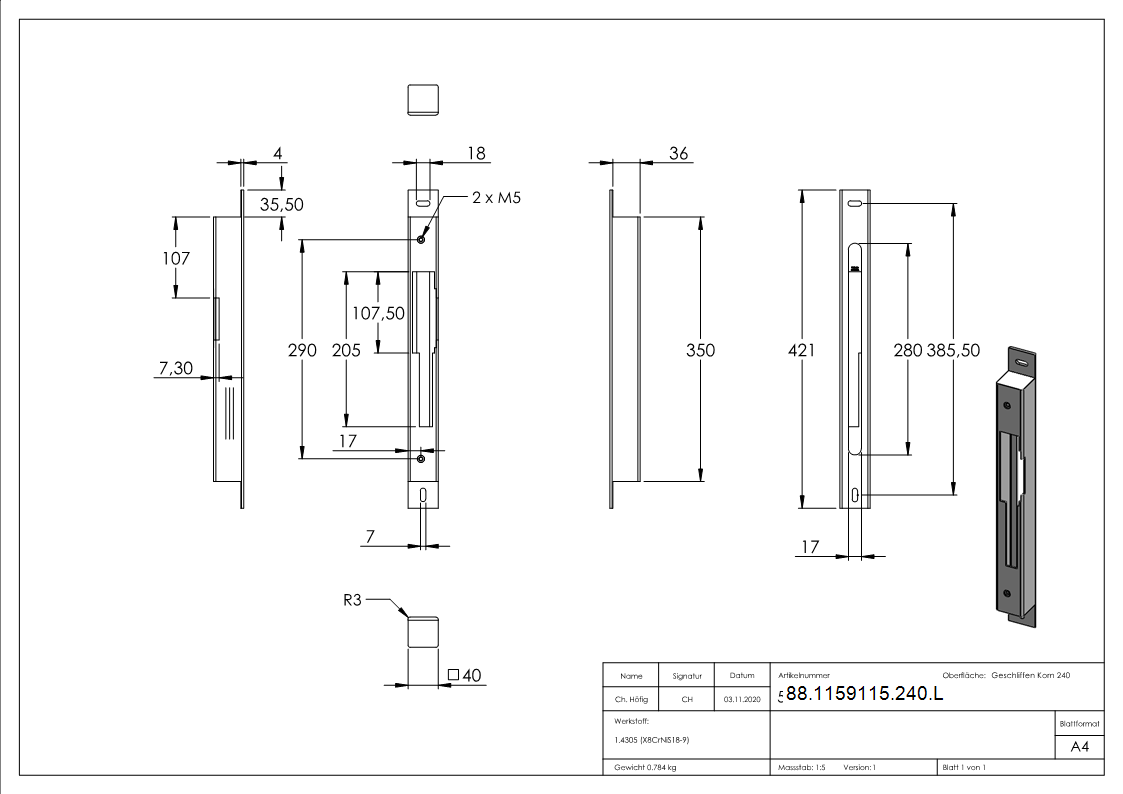 Edelstahlgegenkasten fuer 40mm- DIN L-88-1159115-240.L