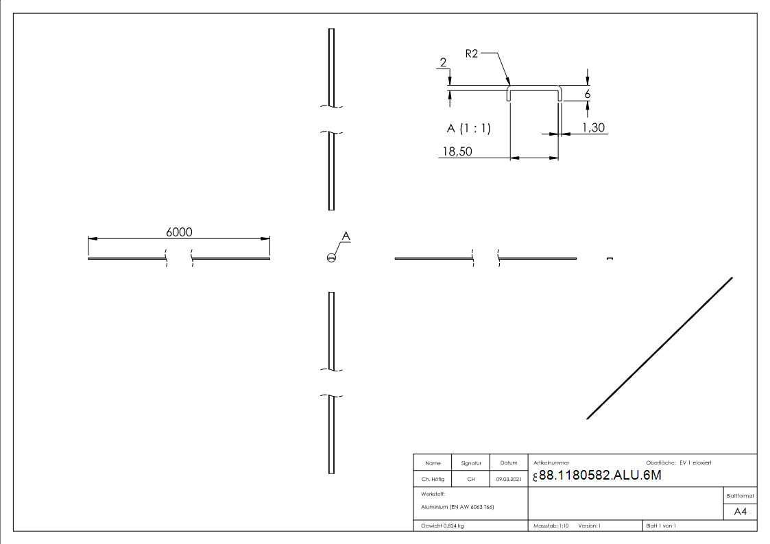 Kantenschutz Aluminium fuer Glas 16-00–17-52 mm L = 6000 mm eloxiert E4-EV1-88-1180582-ALU.6M