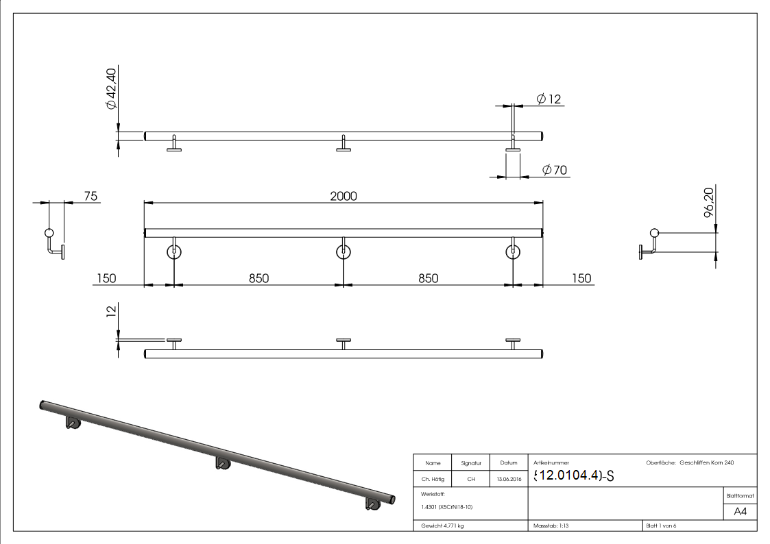 Handlauf montagefertig Laenge- 2000 mm Rundrohr- Ø 42-4 mm V2A-12-0104.4