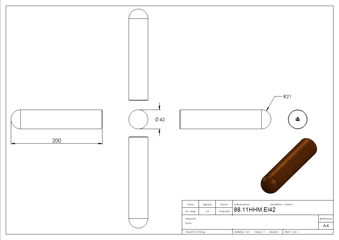 Holzhandlauf Eiche Ø 42mm- Laenge 200mm- lackiert-88-11HHM.EI42