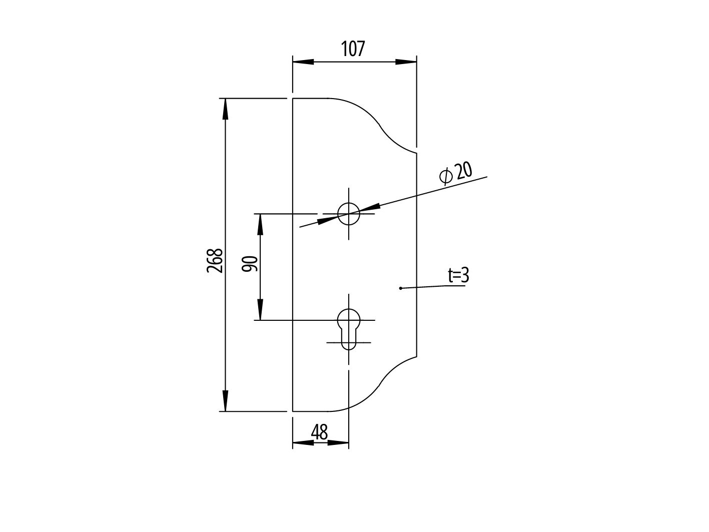 Torplatte Stahl 268 x 107 mm- Staerke 3 mm- D20mm- Axial 90mm- rechts- dekoriert-89-11D114ART90-A.4