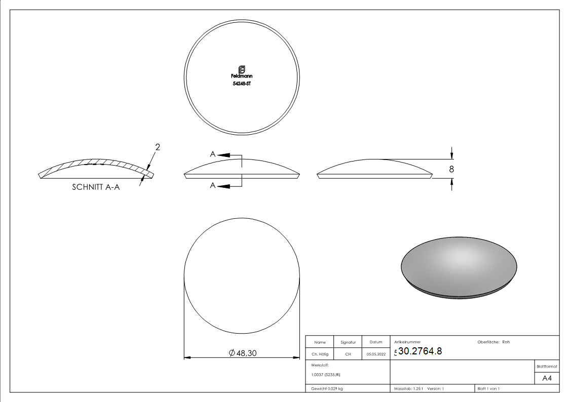 Klopperboden Rohrabschluss Ø 48-3x2-0 mm Stahl roh Hoehe- 8 mm-30-2764.8