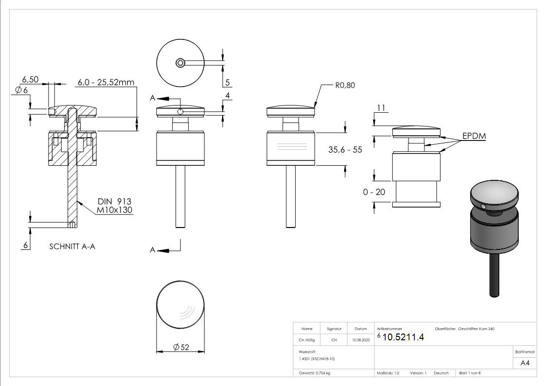 Glaspunkthalter Ø 52 mm- V2A- Anschluss- Flach- mit AbP-10-5211.4