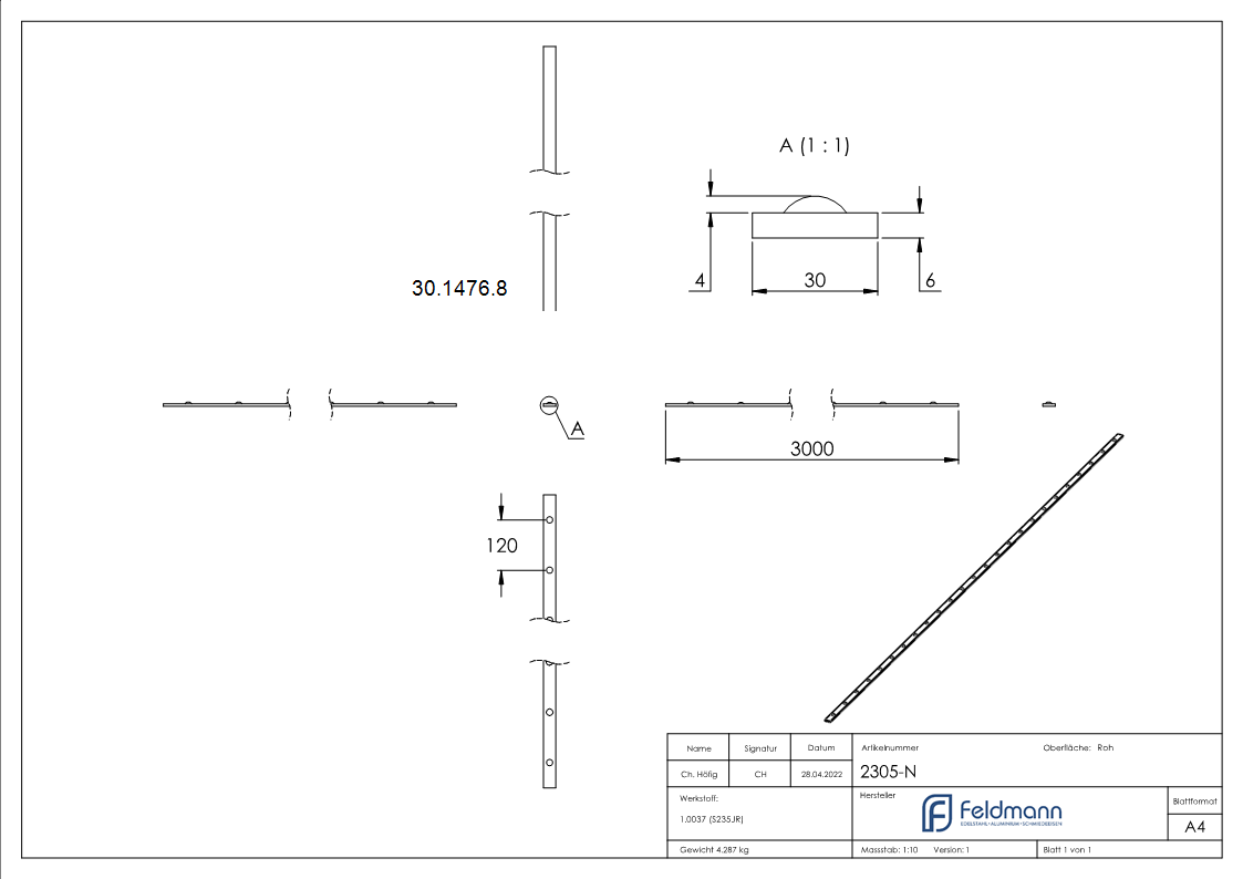Zier-Flacheisen 30x6 mm Nietenoptik 3000mm Stahl S235JR roh-30-1476.8