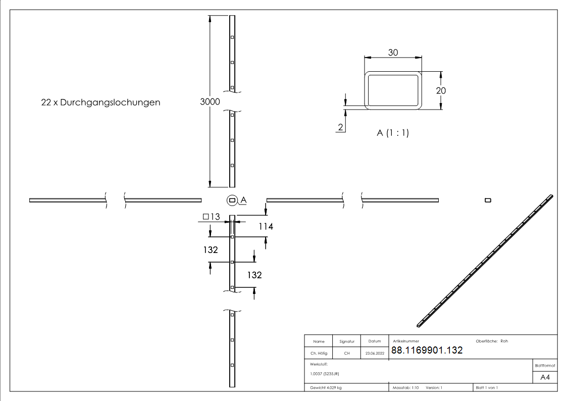Rechteckrohr Stahl roh 30x20x2 mm- L 3000 mm- Loecher fuer Vierkant 12x12 mm- Abstand 132 mm-88-1169901.132