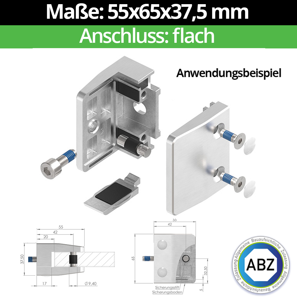 Glasklemme AbZ 55x65x37-5 mm  Flach- fuer 16-76 mm VSG Glas- Nein - Ohne Sicherungsstift- Ja - mit Sicherungsboden-10-MODELL35-1-16-1.2