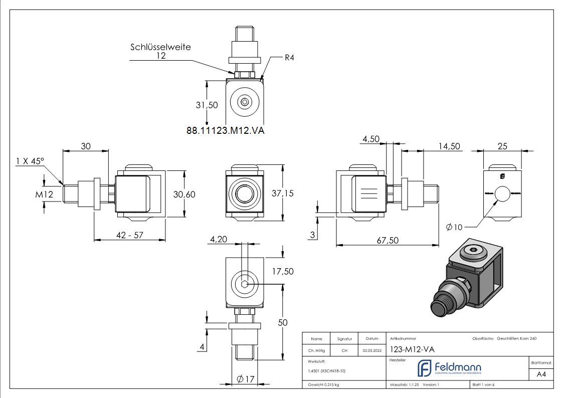 Verstellbares Torband mit Gewindehuelse M12- V2A-88-11123-M12.VA