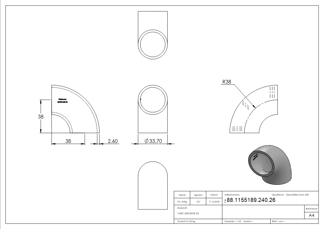 Schweissbogen 90°- 33-7 x 2-6mm- V2A- Bauart 3-88-1155189-240.26