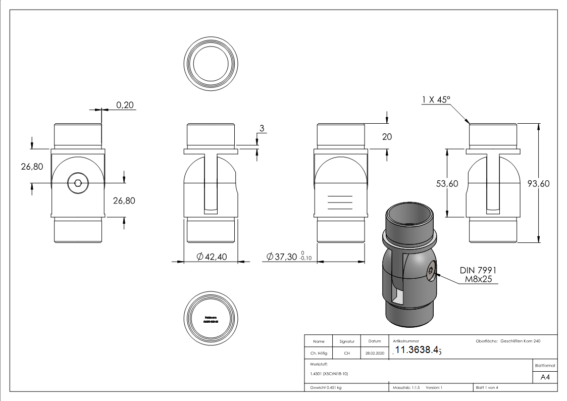 Gelenkstueck fuer Rundrohr Ø 42-4x2-5 mm V2A-11-3638.4
