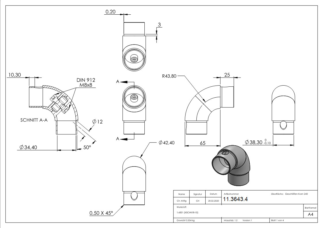 Rohrbogen verstellbar- fuer Rundrohr Ø 42-4x2-0 mm V2A-11-3643.4