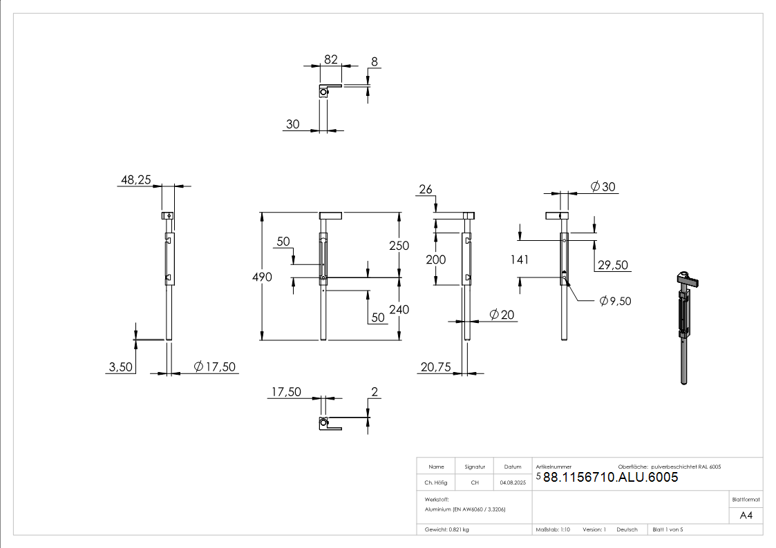 Bodenriegel mit Laenge 490mm- zum Anschrauben- RAL 6005 moosgruen-88-1156710-ALU.6005