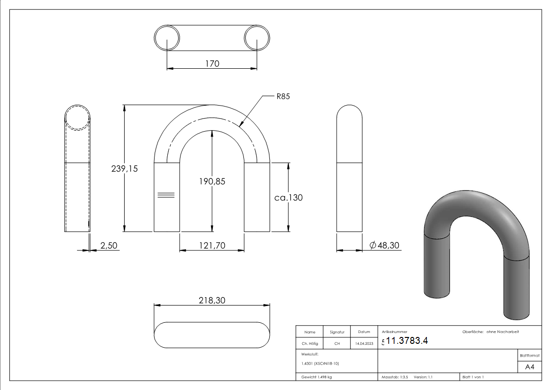 Bogen 180° zum Schweissen aus Rundrohr- Ø 48-3x2-6 mm V2A-11-3783.4