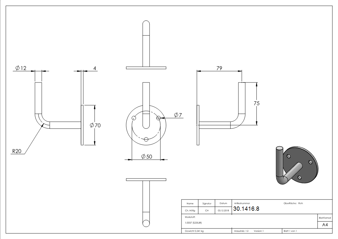 Handlaufhalter - mit Ronde 70x4 mm - zum Anschweissen - Stahl S235JR- roh-30-1416.8