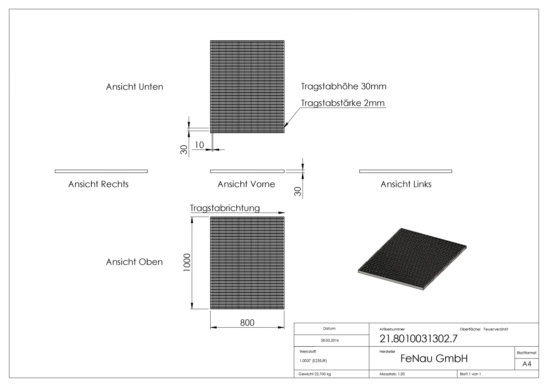 Industrie-Gitterrost - Masse- 800x1000x30 mm; MW 30-10 mm; 30-2 mm - S235JR -St37-2- im Vollbad feuerverzinkt-21-8010031302.7