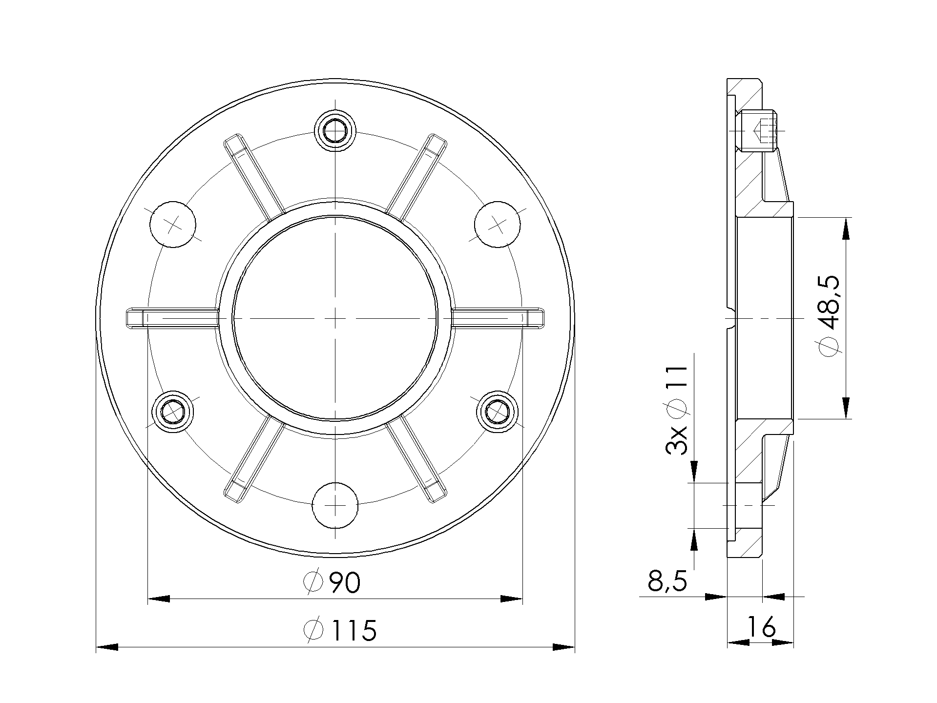 Bodenflansch Edelstahl AISI 304 115x48 mm stellbar-89-11A0943115X48-A.4