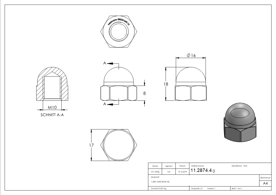 Hutmutter - Gewinde M10 - DIN 1587- A2 - V2A-11-2874.4