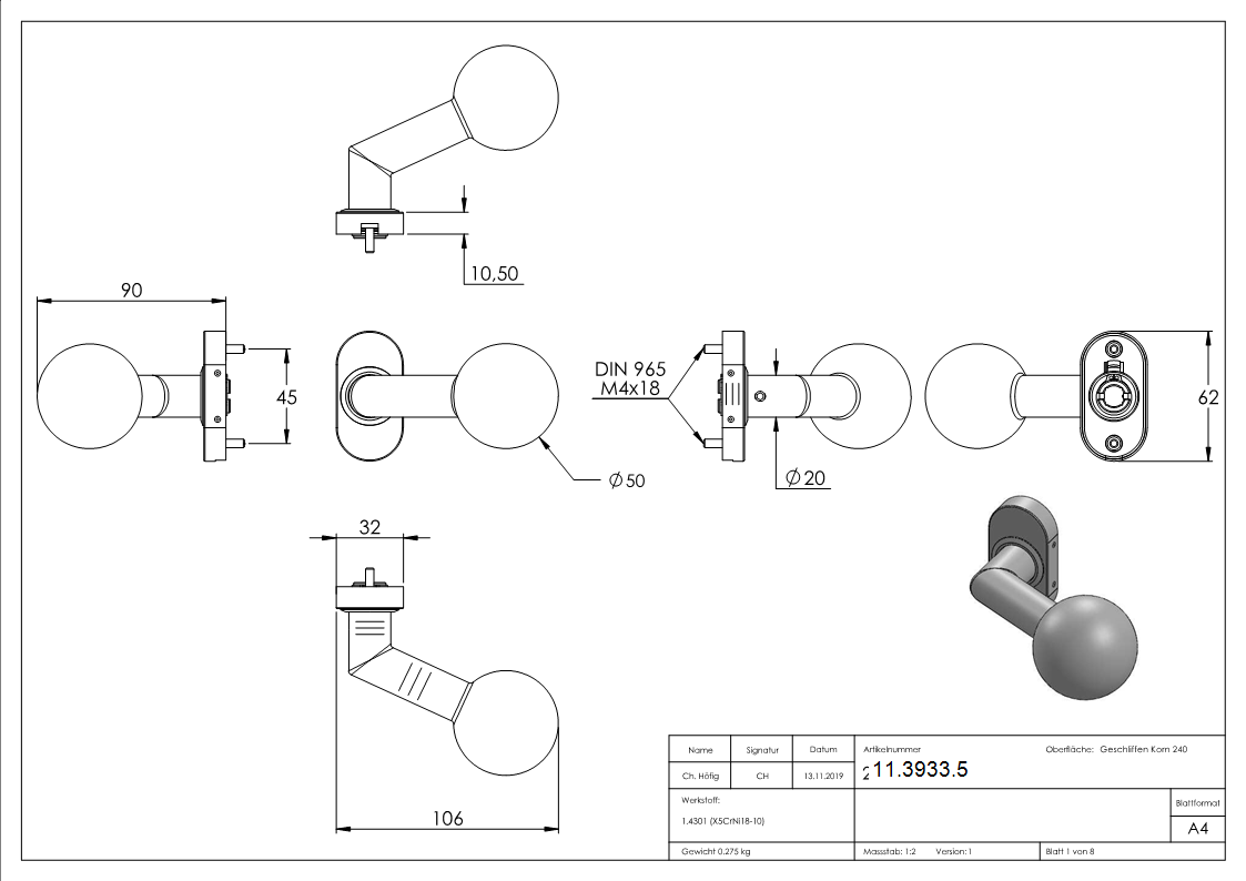 V2A Tuerdruecker gekroepft mit Kugel Ø 50 mm drehbar-11-3933.5