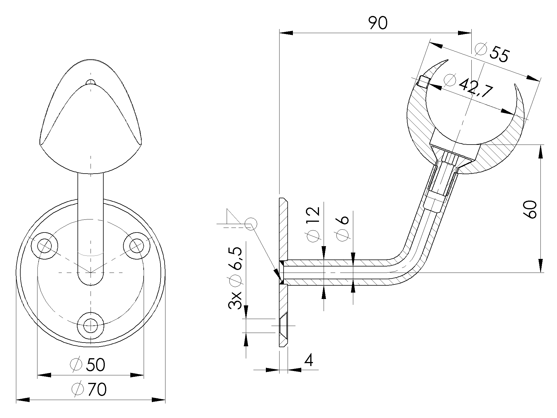 Wandhandlaufhalter Edelstahl AISI 316 fuer Rohr D42-4 mm geschliffen-89-11A144114042LED-A.4