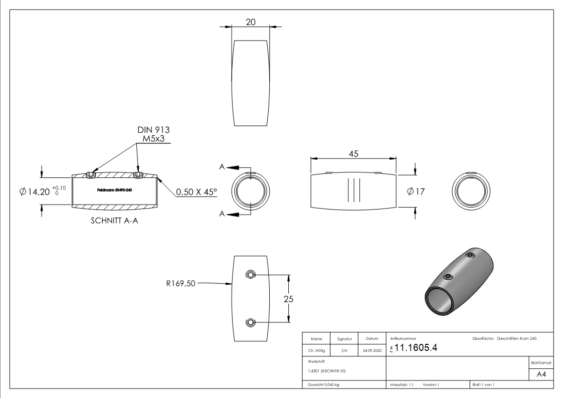V2A Verbindungsstueck 45 mm fuer 14-2 mm-11-1605.4