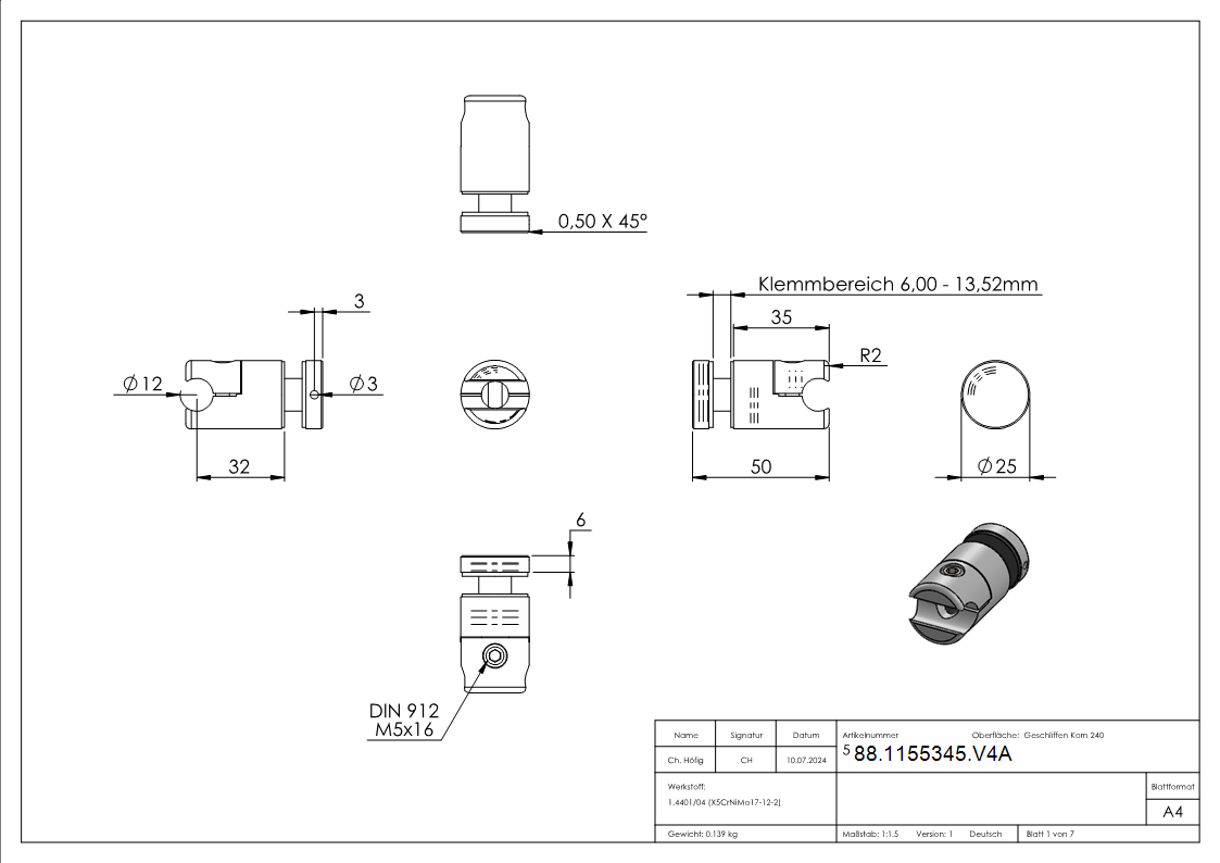 Klemmhalter fuer Rundstab 12 mm mit Glaspunkthalter Ø 25 mm V4A-88-1155345.V4A
