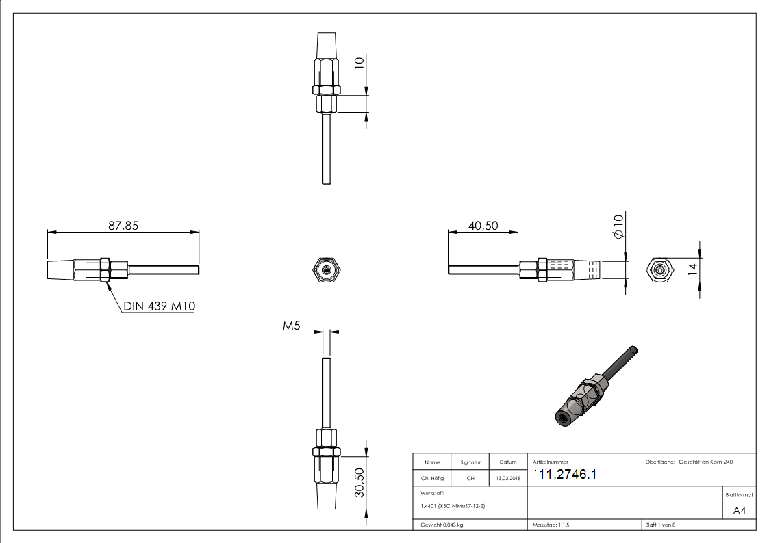 Gewindeterminal zur Selbstmontage - Fuer Seil Ø 3 mm - V4A-11-2746.1