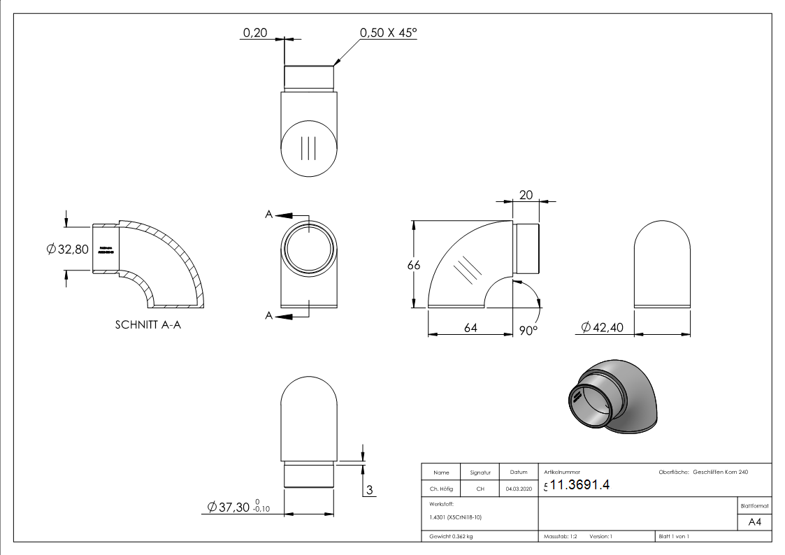 Endbogen V2A fuer Rohr Ø 42-4x2-5 mm 90° flach-11-3691.4
