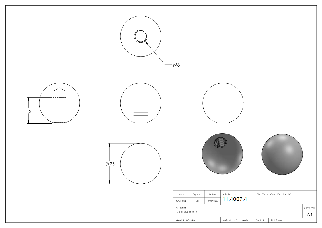 Vollkugel - Ø 25 mm - mit Gewinde M8 - V2A-11-4007.4