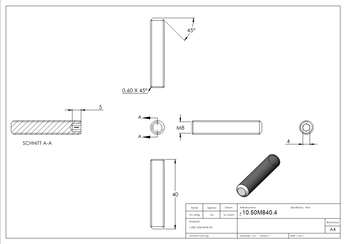 Gewindestift V2A M8x40 DIN 913 - ISO 4026 Kegelkuppe-10-50M840.4