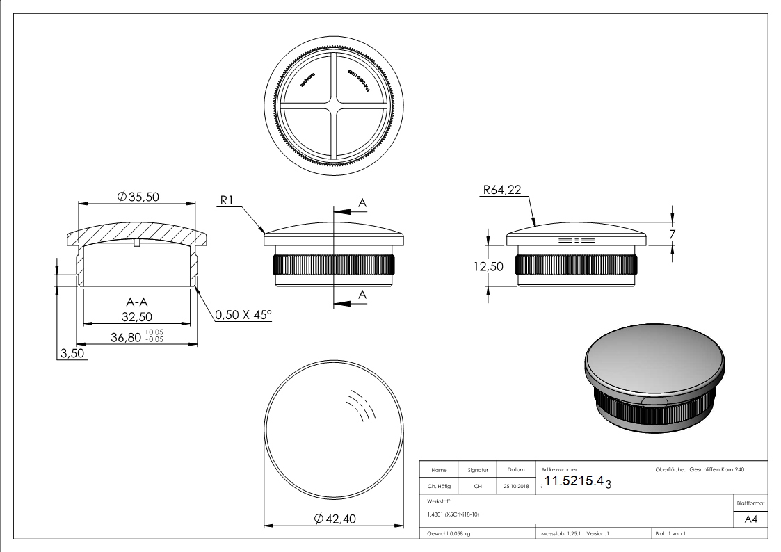 Rohrstopfen fuer Ø 42-4x3-0 mm leicht gewoelbt zum Einschlagen V2A-11-5215.4