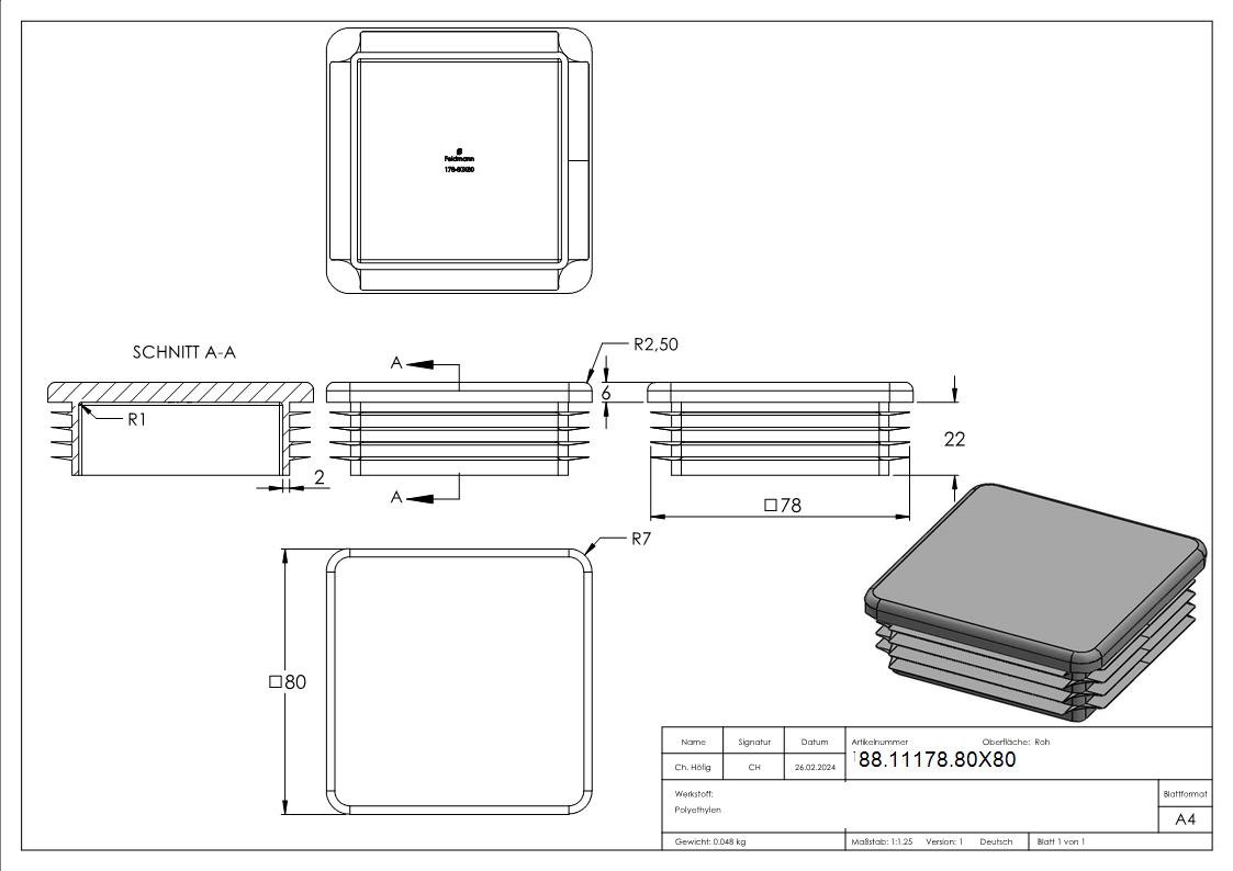 Kunststoffkappe fuer Quadratrohr 80x80mm-88-11178.80X80