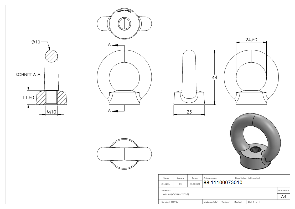 Ringmutter Edelstahl V4A Innengewinde M10 Rundeisen 10 mm DIN 582-88.11100073010