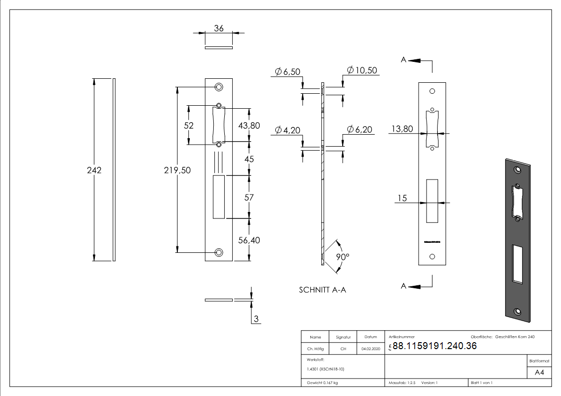 Schliessblech Edelstahl V2A Breite 36 mm geschliffen Korn 240-88-1159191-240.36