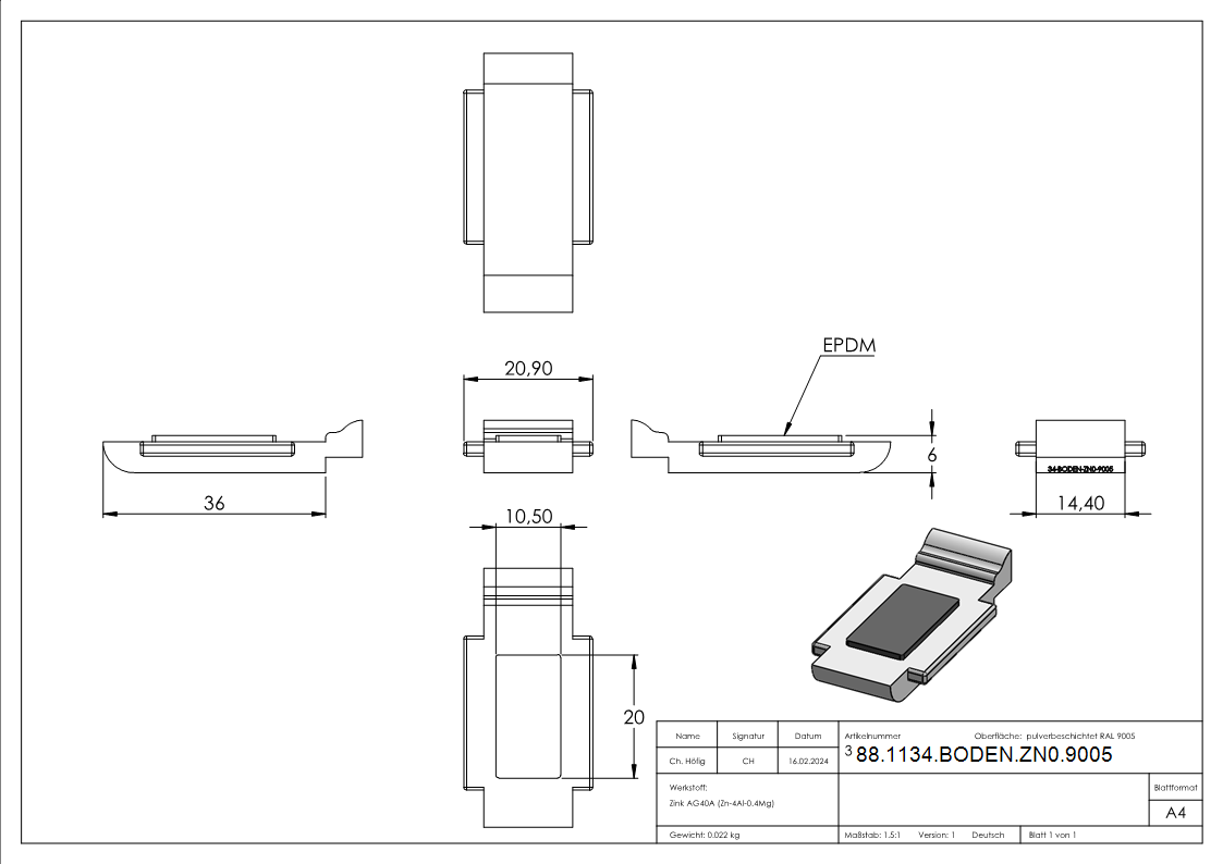 Sicherungsplatte Zinkdruckguss fuer Mod- 34 RAL 9005 matt-88-1134-BODEN-ZN0.9005