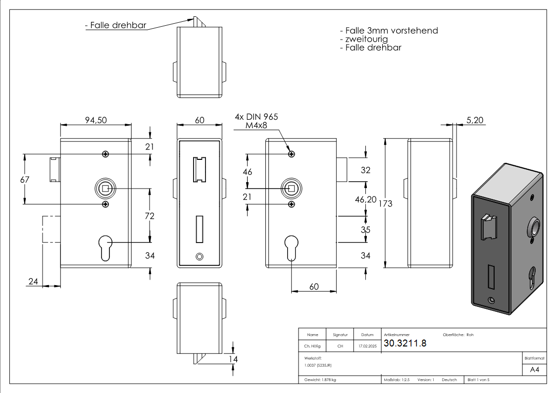 Kastenschloss verzinkt 60 x 94-5 x 173 mm mit Riegel und Falle-30-3211.8