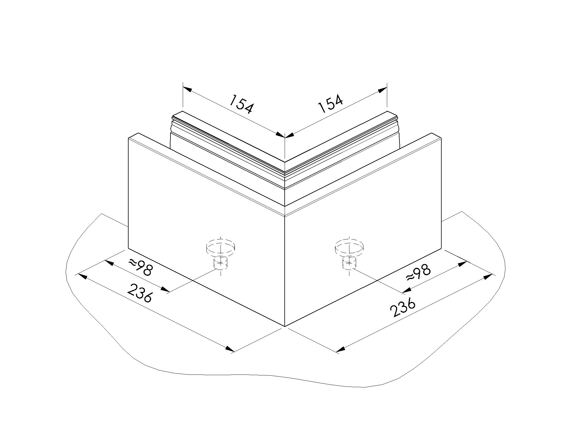 Eckprofil Aluminium fuer Glas 16-76-31-52 mm Satin-ELOX Innen Oberverankerung-89-11AL0008PROXLSE90-A.4