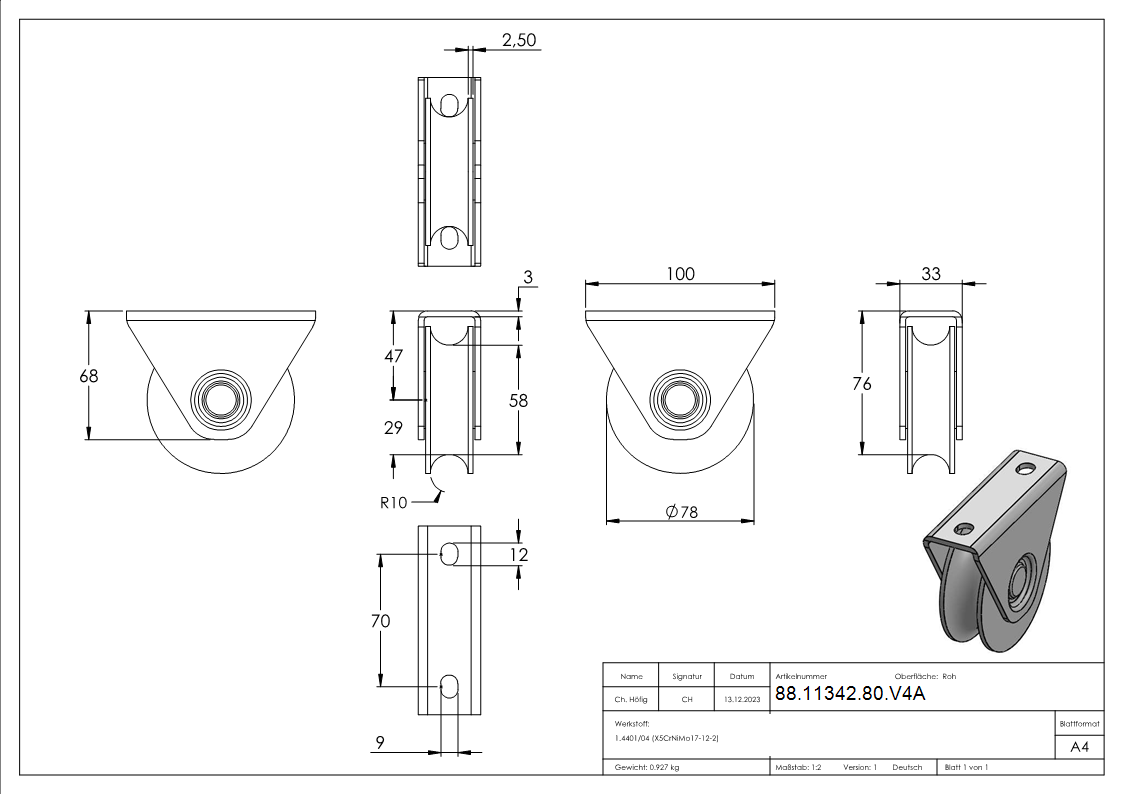 Schiebetorrolle Edelstahl V4A Ø 80 mm Rundrille Ø 20 mm mit 2 Kugellager-88-11342-80.V4A