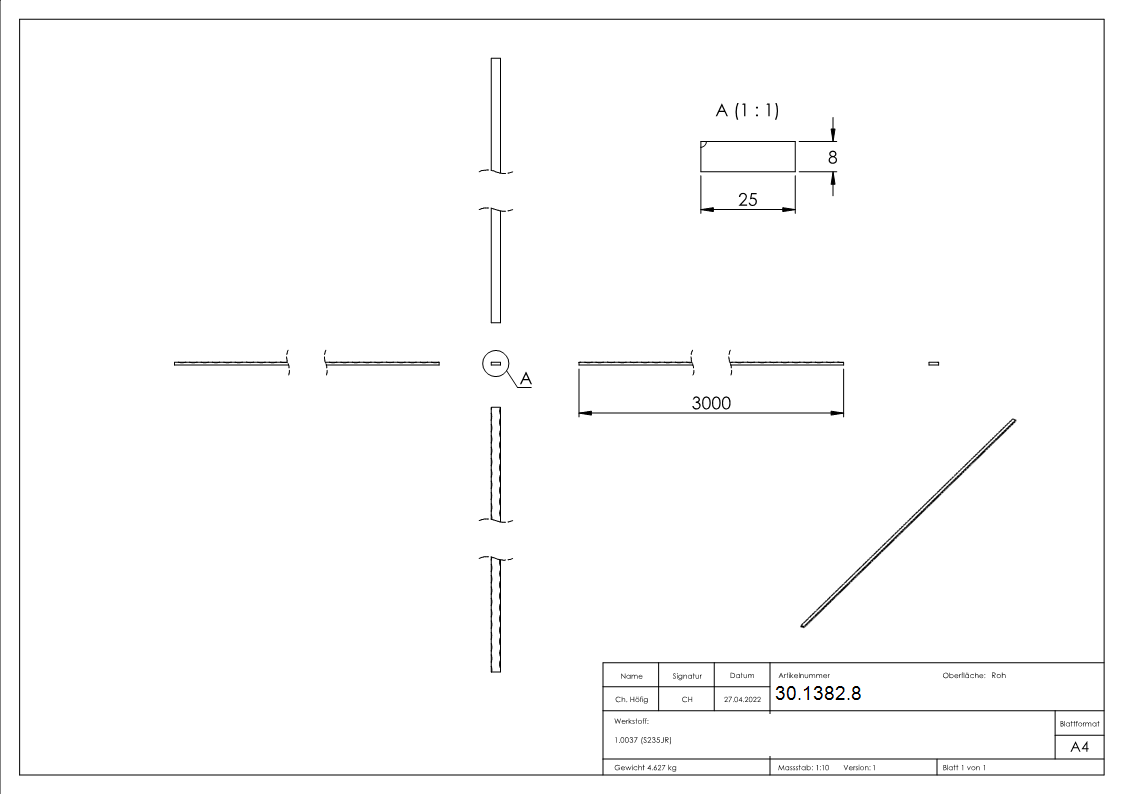 Flacheisen 25x8 mm Kanten gehaemmert 3000mm Stahl S235JR Antik-30-1382.8