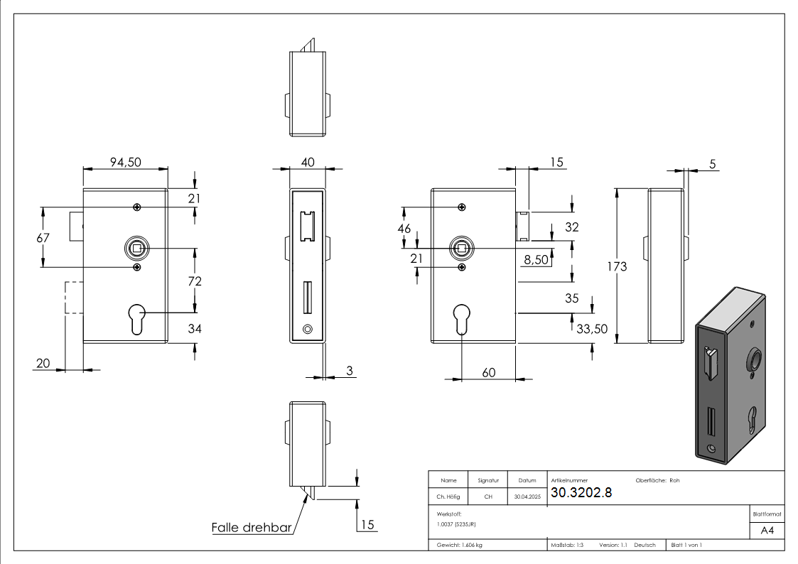 Kastenschloss Edelstahl 40x94-5x172 mm geschliffen-30-3202.8